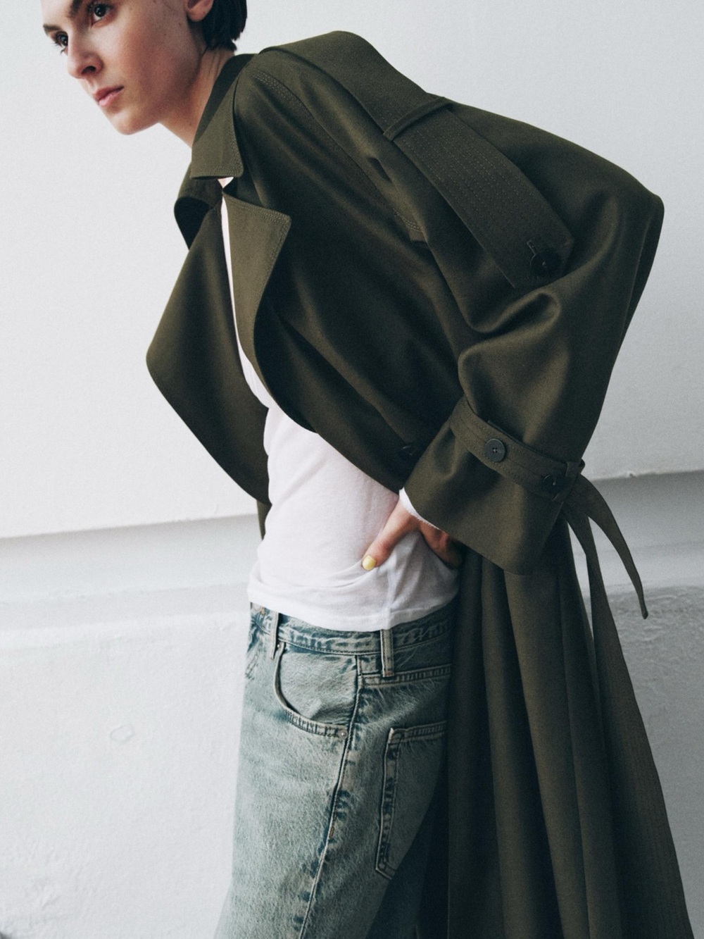 Zara Olive Trench Coat - Women's Oversized Long Coat - Picture 6 of 14